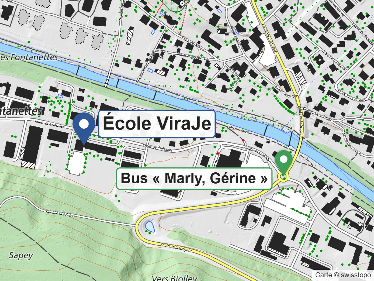 Plan de situation : l'École ViraJe, Route de Chésalles 21B à Marly, et l'arrêt de bus Marly, Gérine