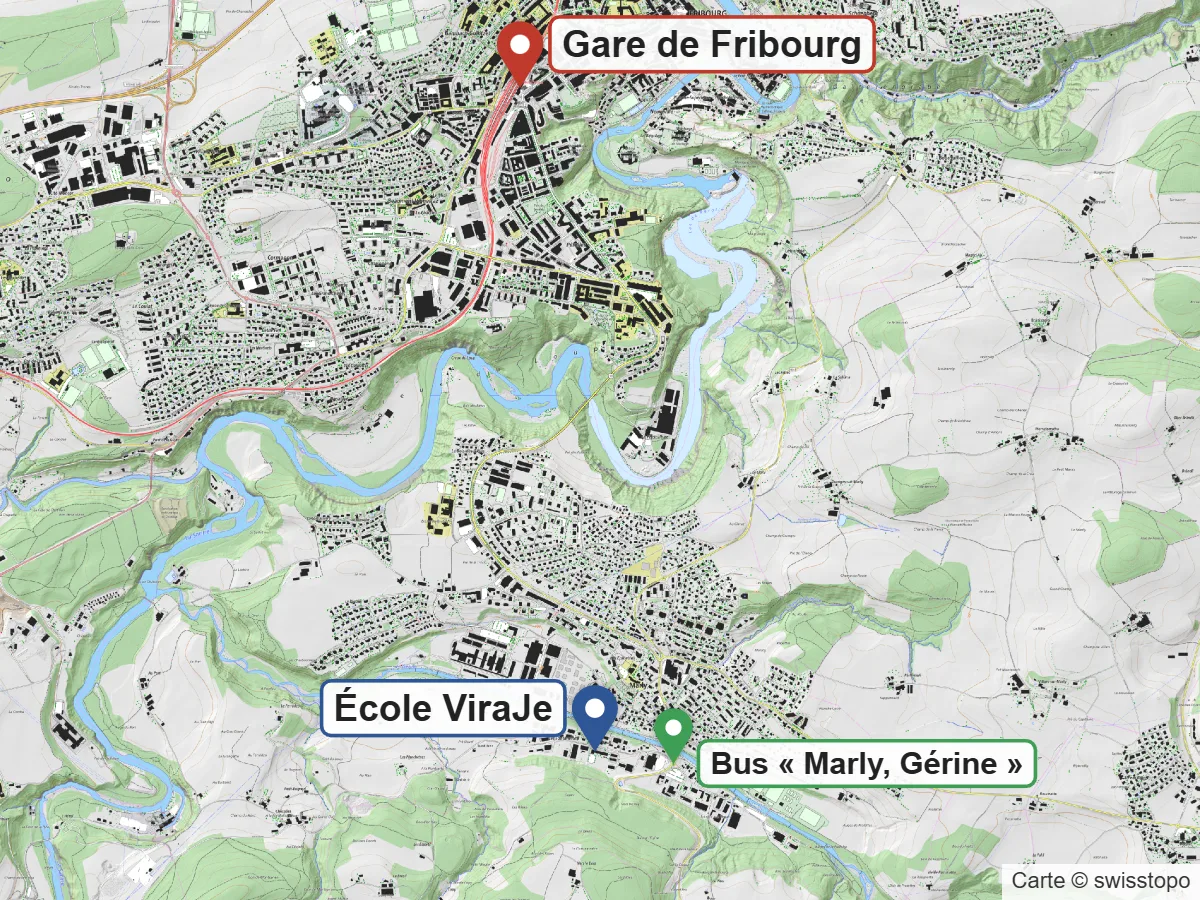 Plan : de la gare de Fribourg à l'École ViraJe à Marly, avec l'arrêt de bus Marly, Gérine